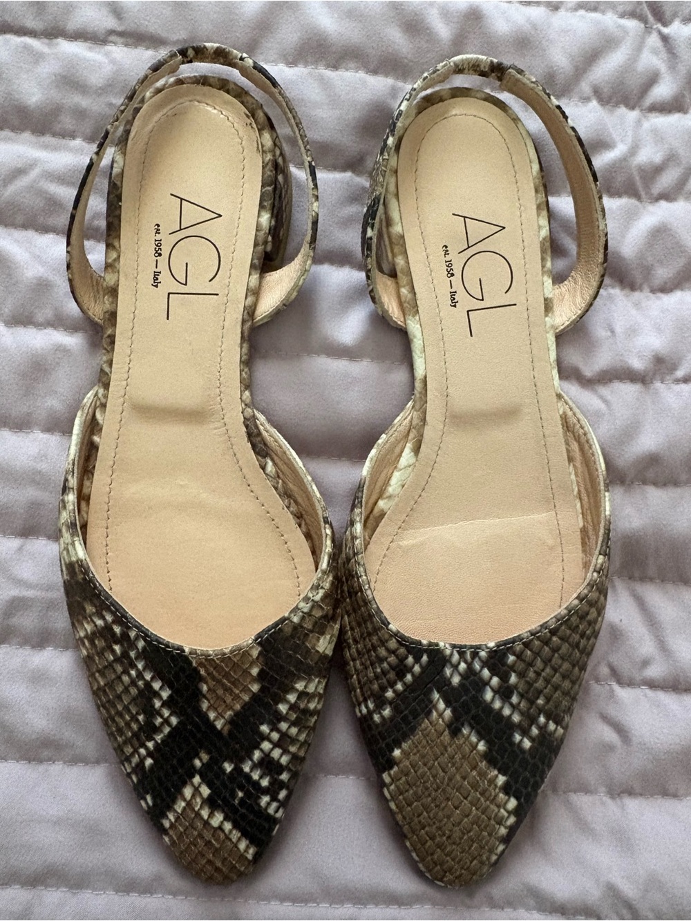 AGL Snake-Print Pointed Slingback Flats in Brown and Black Size 38